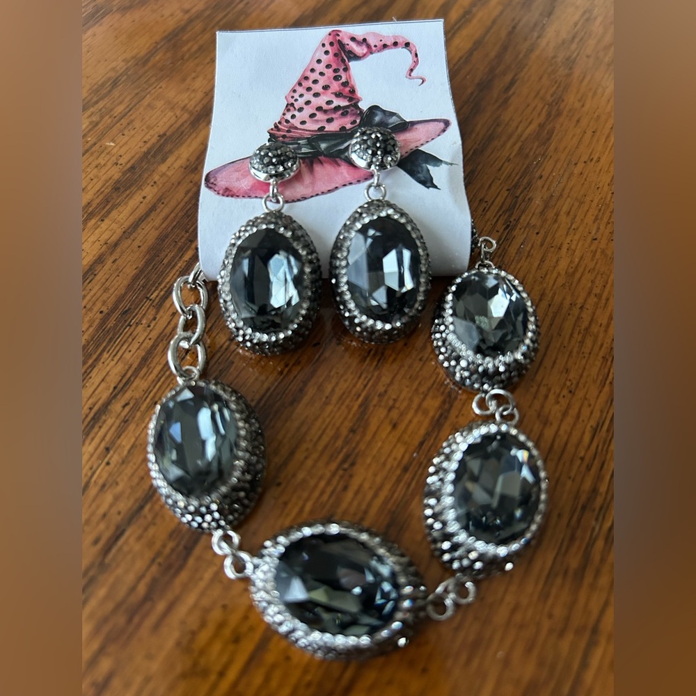 Elegant Silver and Black Stone Earring and Bracelet Set. New and never worn.